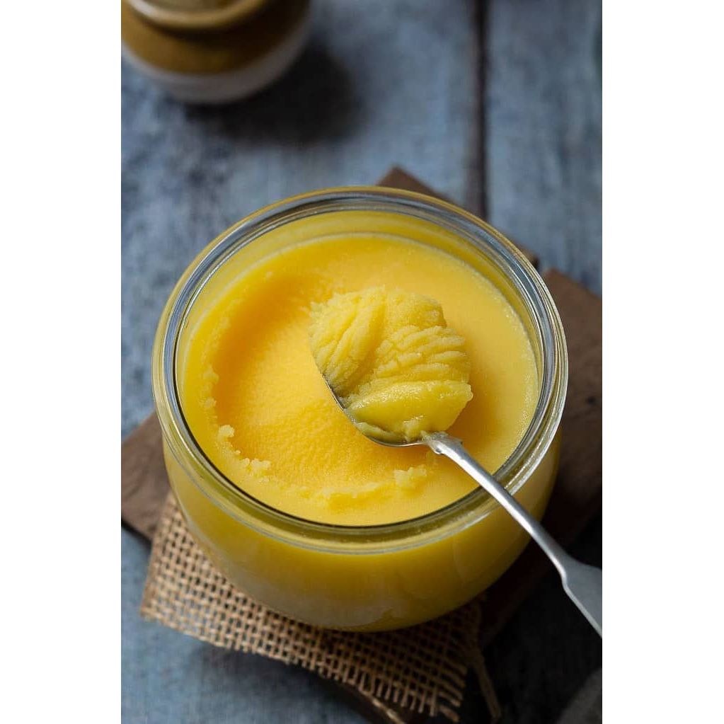Jar of golden Desi Ghee made from grass-fed cow milk