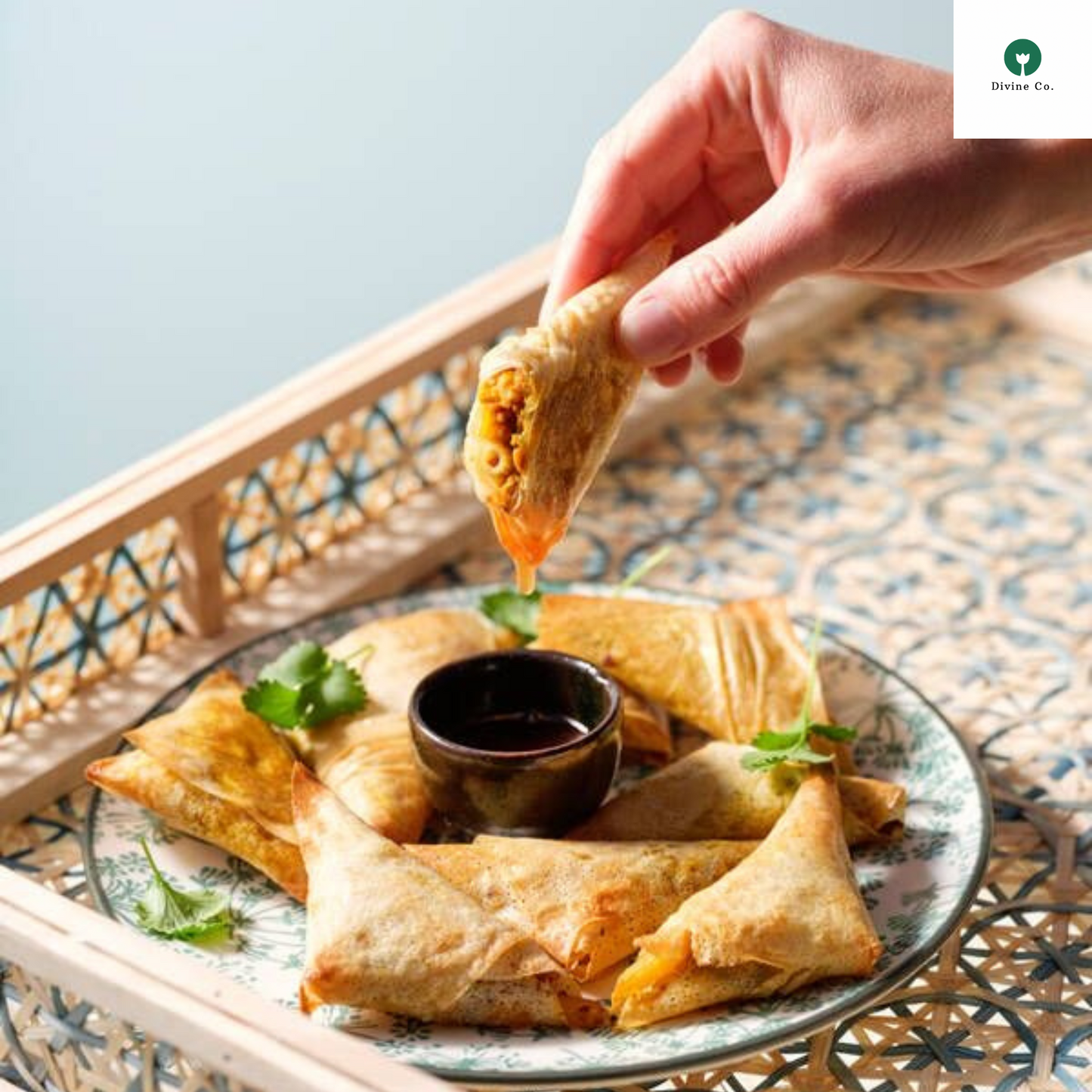 Divine Co. frozen chicken macaroni samosa – cheesy, flavorful fusion samosa ready to cook